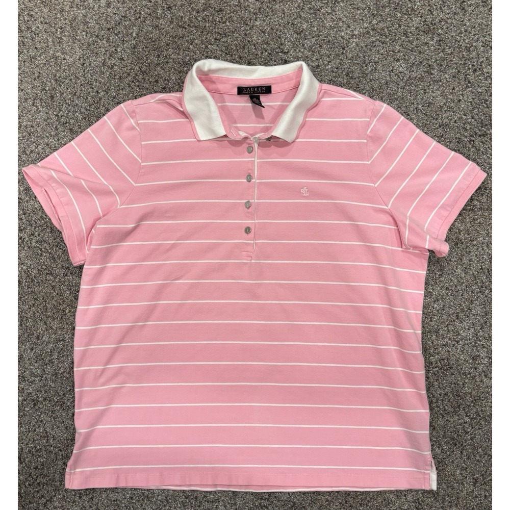 Lauren Ralph Lauren Pink & White Striped Half Button Up Polo Shirt Womens Sz 2X